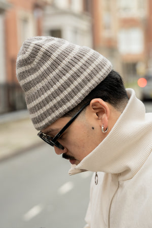 STRIPED BEANIE - MUSHROOM/CREAM