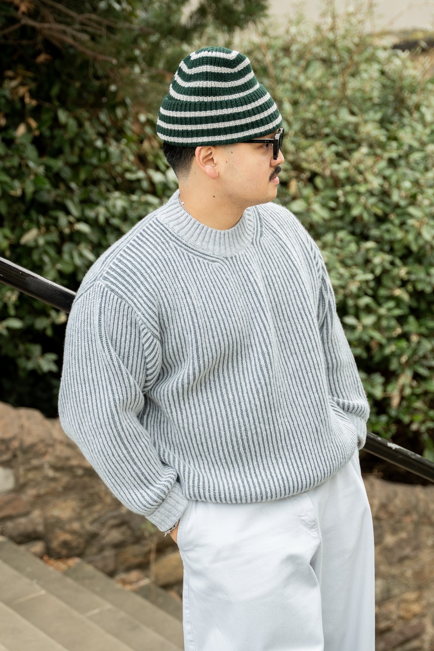 STRIPED BEANIE - TARTAN GREEN/GREY